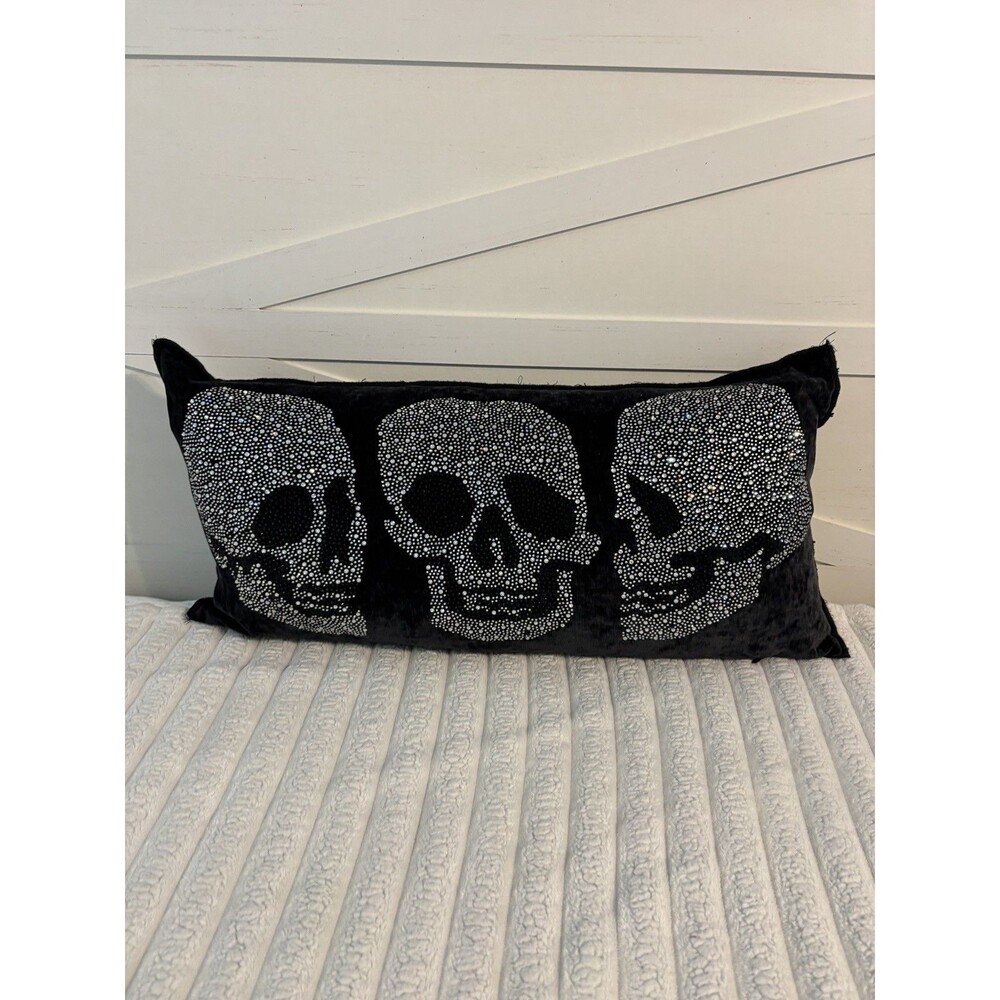 Magaschoni Halloween velvet Rhinestone Trio Skeleton Black Throw Pillow 12"x24"